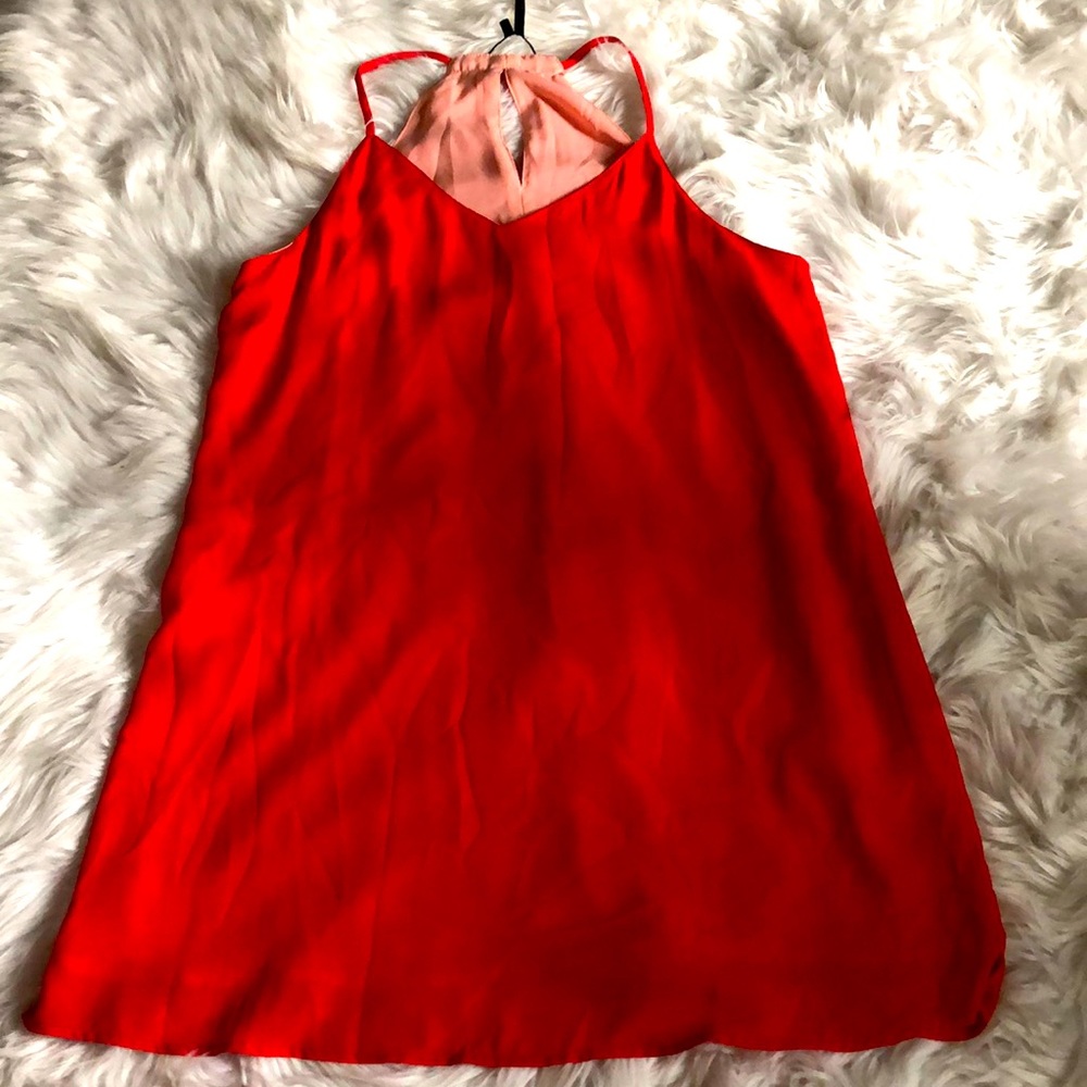 Dark red flowy dress.